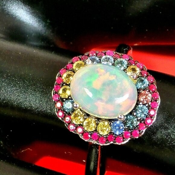 925 Sterling Silver Ring Sz 6.75 with Natural White Opal 10x7mm & Sapphire Gem - Picture 8 of 9